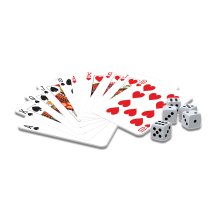                             Klasické hry – 2 balíčky hracích karet a 5 kostek                        
