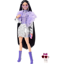                             Barbie Extra - Stříbrné Šaty s fialovým boa                        