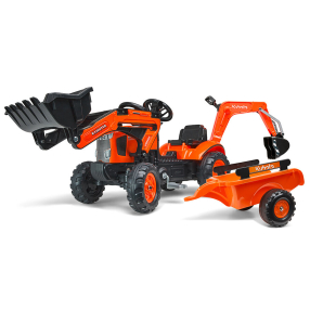FALK Šlapací traktor 2065N Kubota backhoe s předním nakladačem a přívesem s otočným bagrem