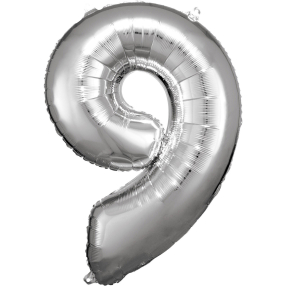 Balónek foliový - číslo 9 - stříbrné 88 cm