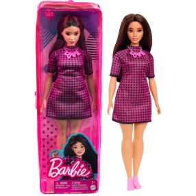 Barbie modelka - černo-růžové kostkované šaty