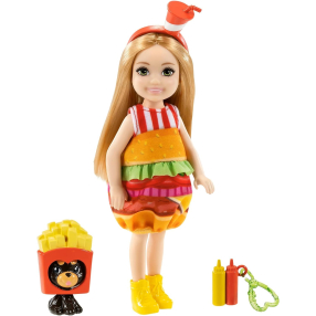 Barbie Chelsea v kostýmu Hamburger s pejskem