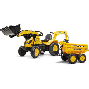 FALK Šlapací traktor 2086W Komatsu s bagrem a Maxi vyklápěcím přívěsem - žlutý
