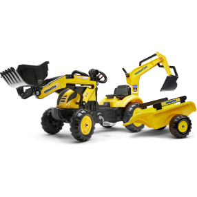 FALK Šlapací traktor 2076N Komatsu s nakladačem, rypadlem a přívěsem - žlutý