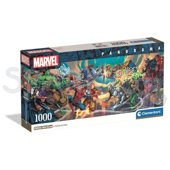 Clementoni - Puzzle 1000 Panorama Marvel Hrdinové vs. Záporáci                    
