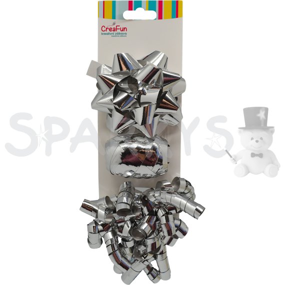 Dárková sada metalická stříbrná, 3 ks (mašle 9 cm, stuha 10 m, mašlička 6 mm)                    