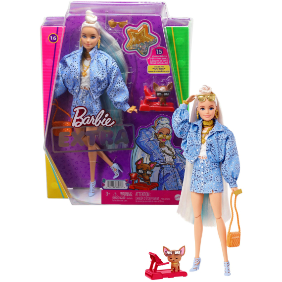 Barbie Extra - Vzorovaná Modrá Sukně s bundou                    