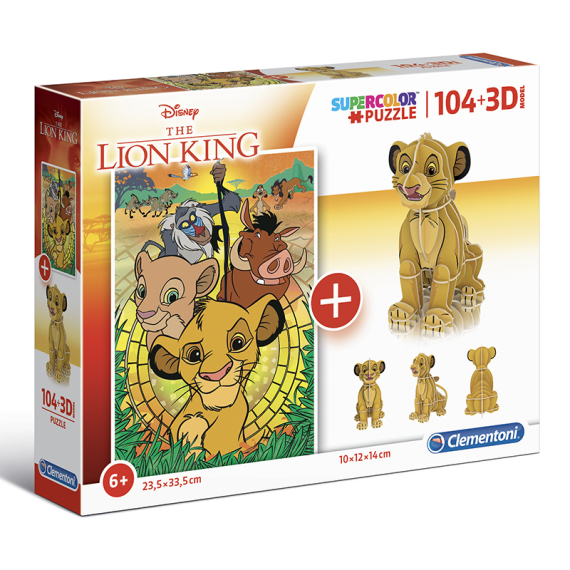 Clementoni - Puzzle Supercolors 104 + 3D model Lion King                    