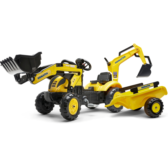 FALK Šlapací traktor 2076N Komatsu s nakladačem, rypadlem a přívěsem - žlutý                    