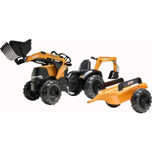 FALK Šlapací traktor 997Y Case CE s přívěsem, lžicí a bagrem - žluté