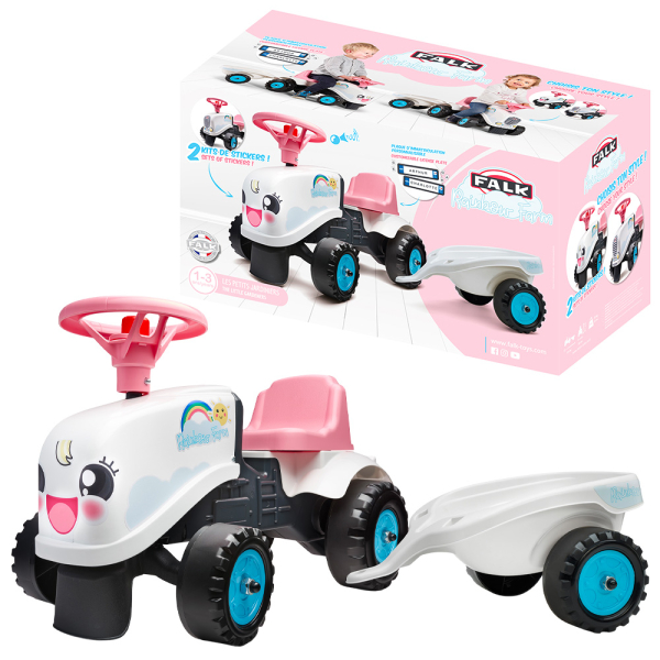 Odstrkovadlo - traktor Rainbow bílo/růžový s volantem a valníkem